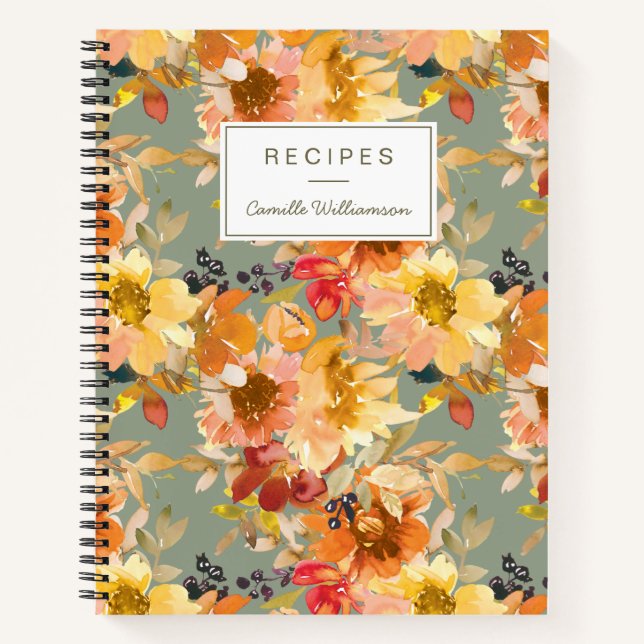 Autumn Watercolor Floral Personalised Recipe Notebook (Front)