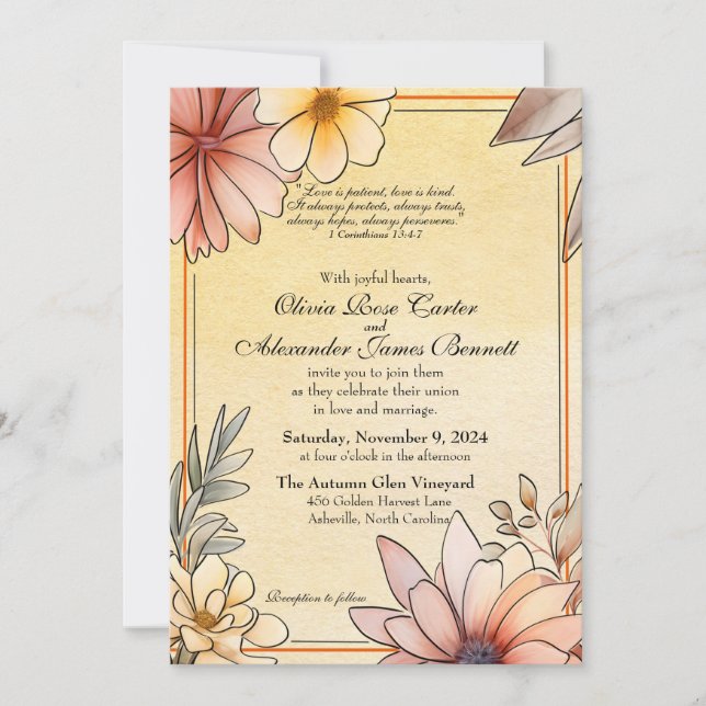Autumn Watercolor Floral Terracotta Yellow Wedding Invitation (Front)