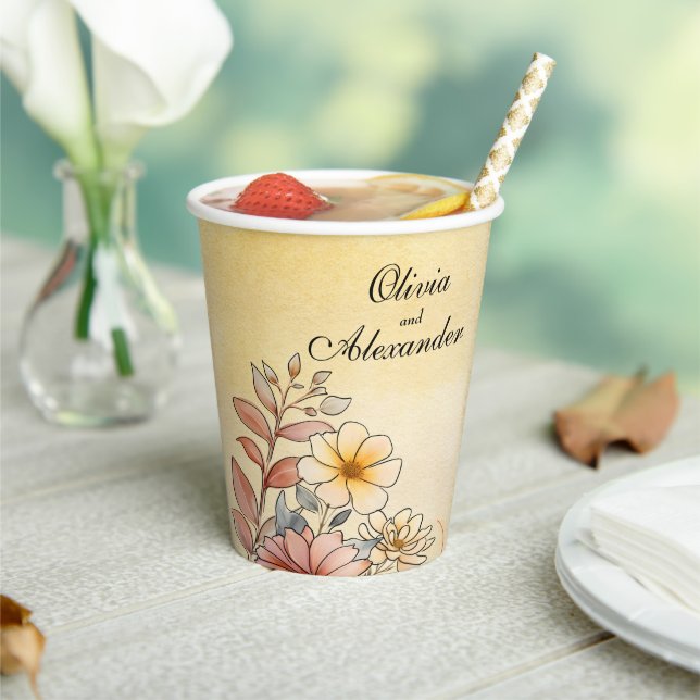 Autumn Watercolor Floral Terracotta Yellow Wedding Paper Cups (Insitu)
