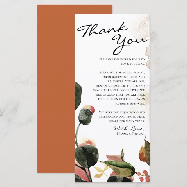Autumn Watercolor Floral Thank You Place Setting Menu (Front/Back)