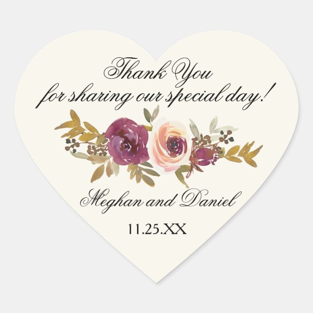 Autumn Watercolor Floral Wedding Heart Sticker (Front)