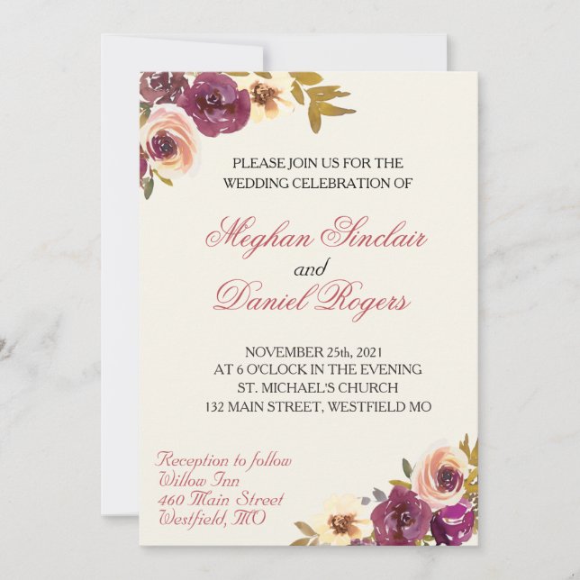 Autumn Watercolor Floral Wedding Invitation (Front)
