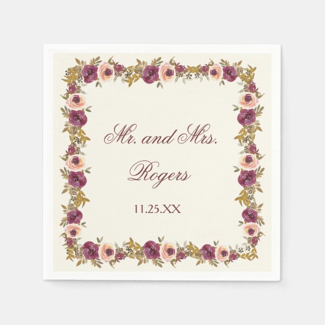 Autumn Watercolor Floral Wedding Napkin (Front)