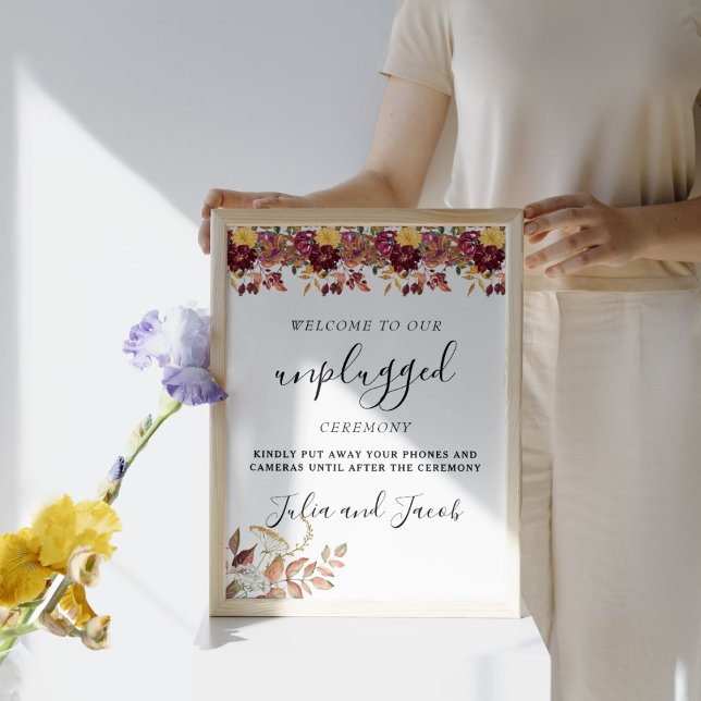 Autumn Watercolor Floral Wedding Unplugged Poster (Elegant Autumn Watercolor Floral Wedding Party Supplies)