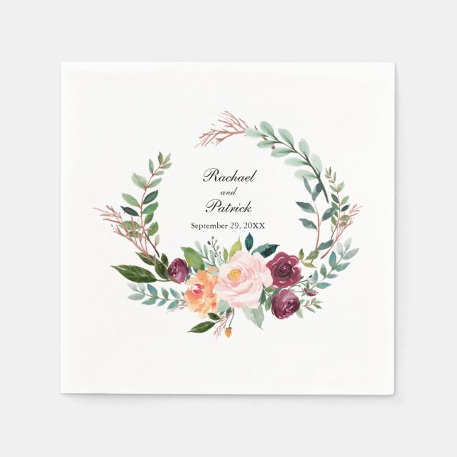 Autumn Watercolor Floral Wreath Wedding Napkin (Front)