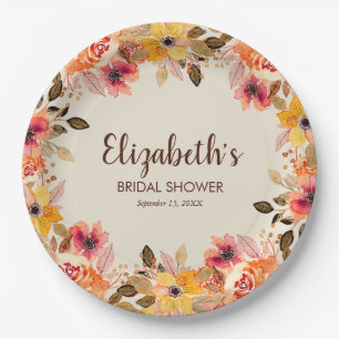 Autumn Watercolor Flowers Bridal Shower Paper Plate