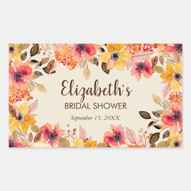 Autumn Watercolor Flowers Bridal Shower Rectangular Sticker (Front)