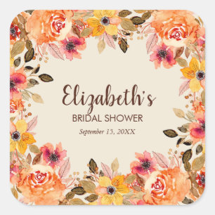 Autumn Watercolor Flowers Bridal Shower Square Sticker