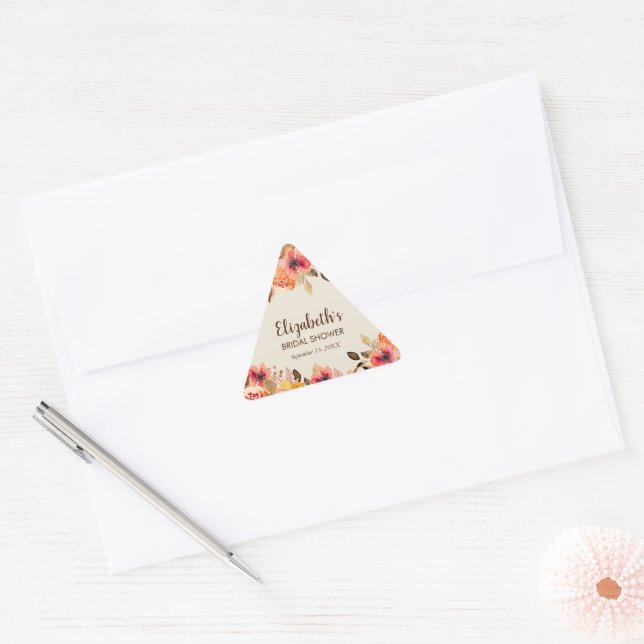Autumn Watercolor Flowers Bridal Shower Triangle Sticker (Envelope)
