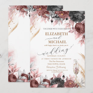Autumn Watercolor Flowers Champagne Glass Wedding Invitation
