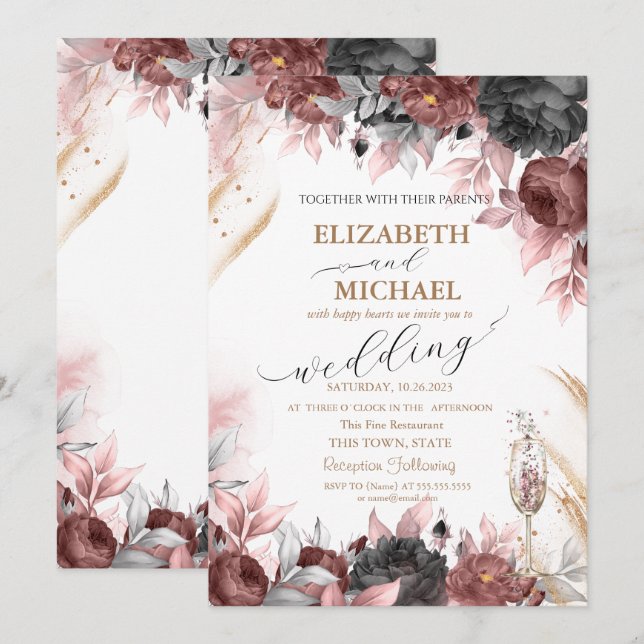 Autumn Watercolor Flowers Champagne Glass Wedding  Invitation (Front/Back)