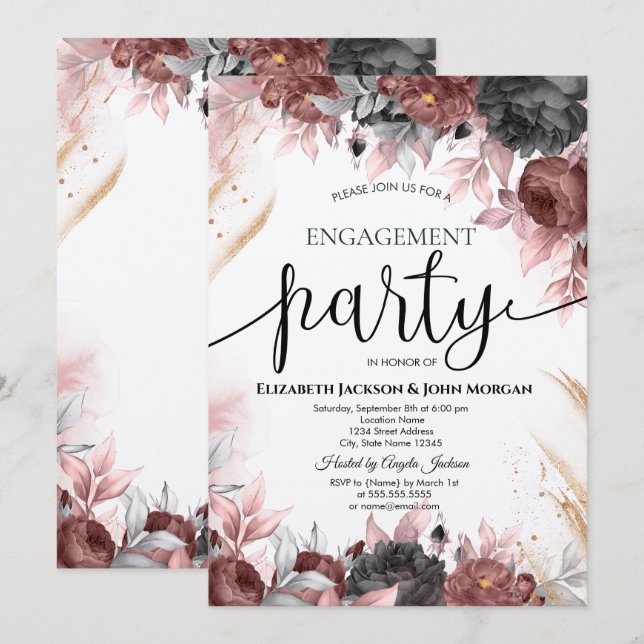 Autumn Watercolor Flowers Engagement  Invitation (Front/Back)