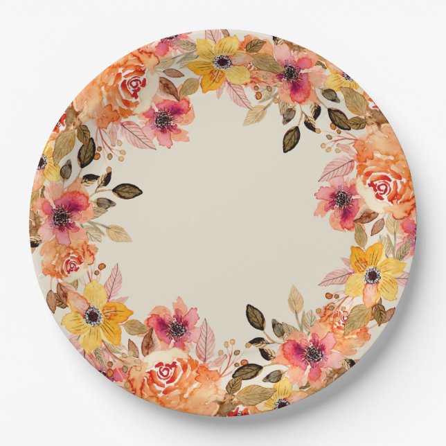 Autumn Watercolor Flowers  Paper Plate (Front)