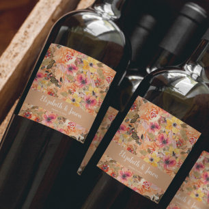 Autumn Watercolor Flowers Wedding Wine Label