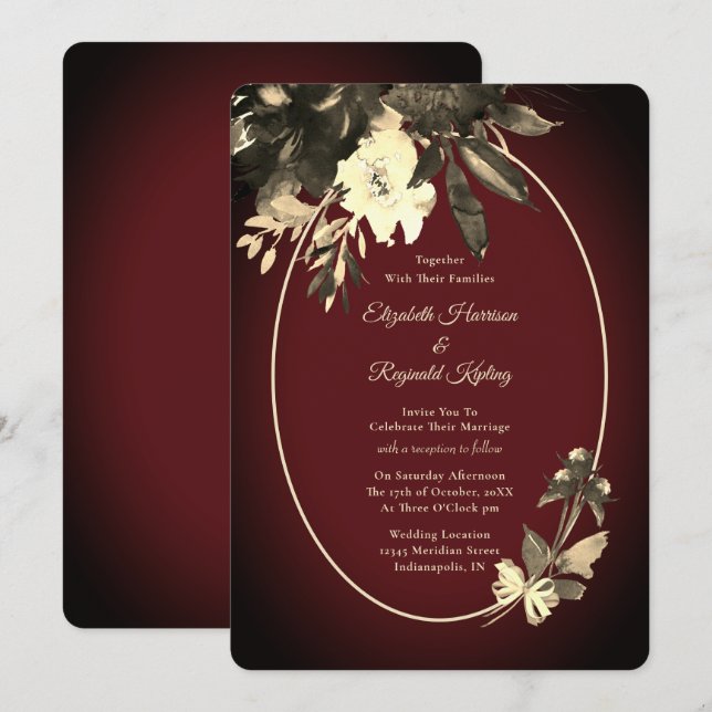 Autumn Watercolor Ivory Floral Burgundy Wedding Invitation (Front/Back)