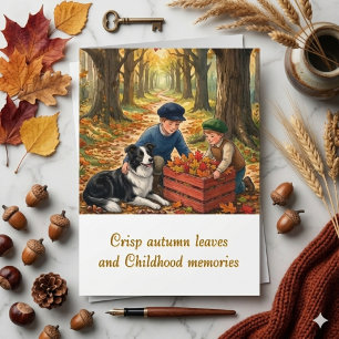 Autumn Watercolor Kids & Border Collie Nostalgic Card