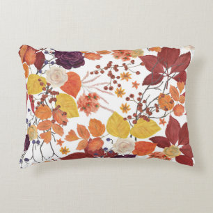 Autumn Watercolor Leaves and Roses Decorative Cushion