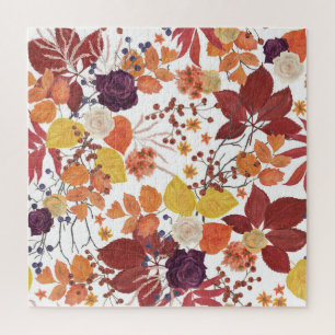 Autumn Watercolor Leaves and Roses Jigsaw Puzzle