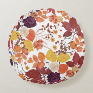 Autumn Watercolor Leaves and Roses Round Cushion
