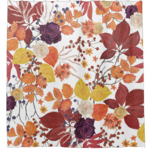 Autumn Watercolor Leaves and Roses Shower Curtain