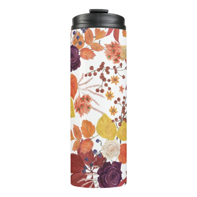 Autumn Watercolor Leaves and Roses Thermal Tumbler (Front)