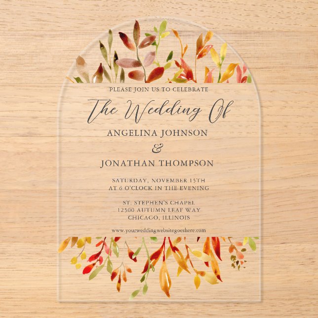 Autumn Watercolor Leaves Chic Fall Wedding Acrylic Invitations (Front)
