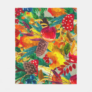 Autumn Watercolor Leaves Mushrooms Pattern Fleece Blanket