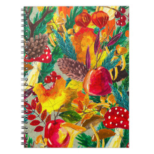 Autumn Watercolor Leaves Mushrooms Pattern Notebook