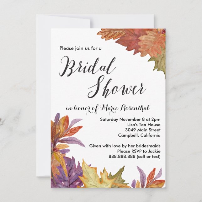 Autumn Watercolor Leaves Wedding Bridal Shower Invitation (Front)