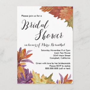 Autumn Watercolor Leaves Wedding Bridal Shower Invitation