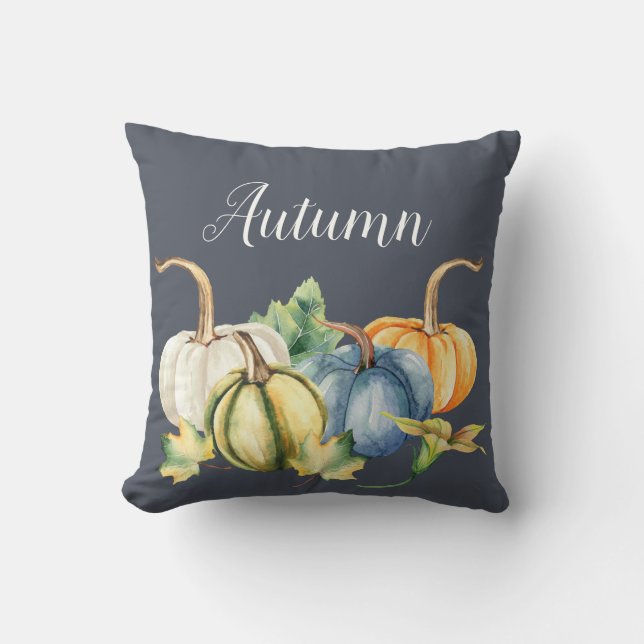 Autumn Watercolor Pumpkin Blue Cushion (Front)