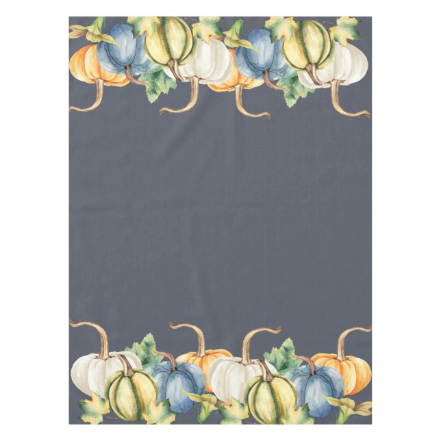 Autumn Watercolor Pumpkin Blue Tablecloth (Front)