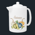 Autumn Watercolor Pumpkin Blue White Green Orange<br><div class="desc">Beautiful watercolor pumpkins in shades of blue,  green,  orange,  and white are featured on this seasonal teapot. You can customise the word Autumn that is on both sides of the teapot. Delight your guests and family for fall and Thanksgiving with this watercolor pumpkin teapot.</div>