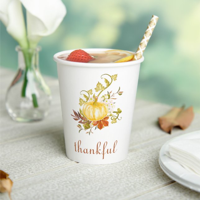 Autumn Watercolor Pumpkin Thankful Thanksgiving  Paper Cups (Insitu)
