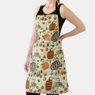 Autumn Watercolor Pumpkins Apples Ivy On Gingham Apron