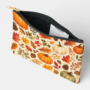 Autumn Watercolor Pumpkins, Fall Leaves & Woodland Accessory Pouch