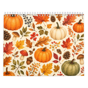 Autumn Watercolor Pumpkins, Fall Leaves & Woodland Calendar
