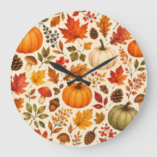 Autumn Watercolor Pumpkins, Fall Leaves & Woodland Large Clock