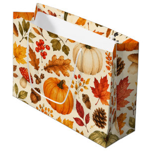 Autumn Watercolor Pumpkins, Fall Leaves & Woodland Large Gift Bag