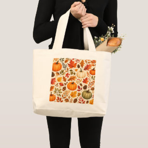 Autumn Watercolor Pumpkins, Fall Leaves & Woodland Large Tote Bag