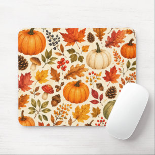 Autumn Watercolor Pumpkins, Fall Leaves & Woodland Mouse Mat