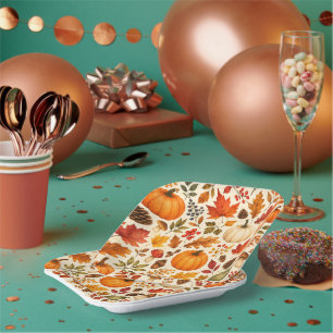 Autumn Watercolor Pumpkins, Fall Leaves & Woodland Paper Plate