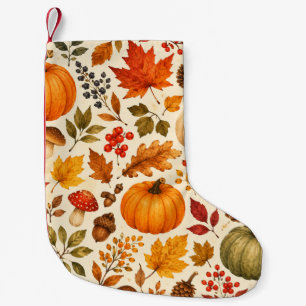 Autumn Watercolor Pumpkins, Fall Leaves & Woodland Small Christmas Stocking