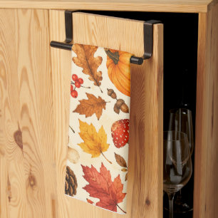 Autumn Watercolor Pumpkins, Fall Leaves & Woodland Tea Towel