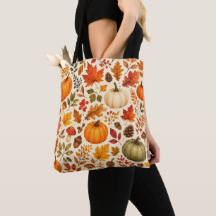 Autumn Watercolor Pumpkins, Fall Leaves & Woodland Tote Bag