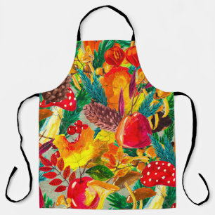 Autumn watercolor seamless pattern with leaves mus apron