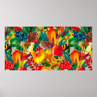 Autumn watercolor seamless pattern with leaves mus poster