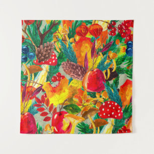 Autumn watercolor seamless pattern with leaves mus tapestry