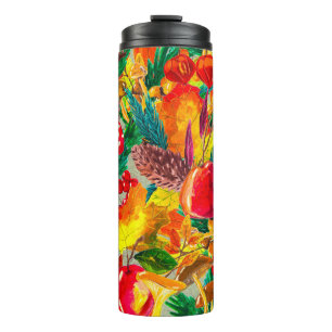 Autumn watercolor seamless pattern with leaves mus thermal tumbler