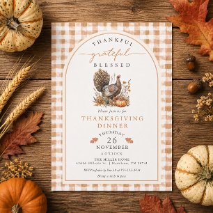 Autumn Watercolor Turkey Gingham Thanksgiving Invitation